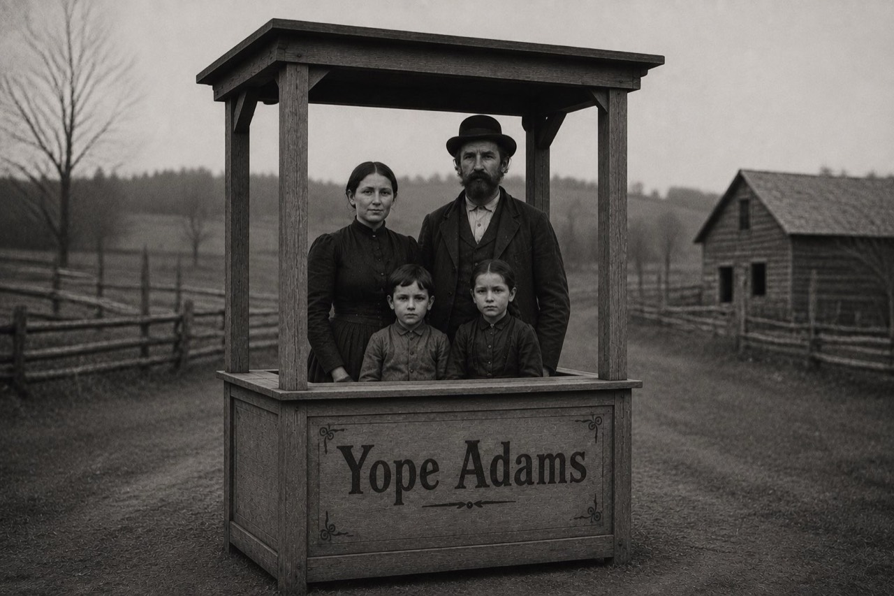 Yope Adams family portrait at a rural wooden stand
